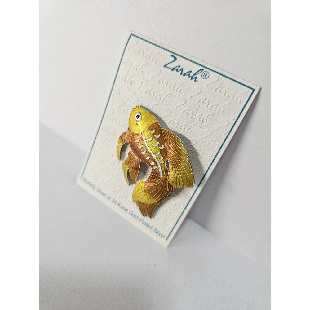Zarah Enamel Goldfish Fish Brooch Pin Sterling Silver Art Jewelry